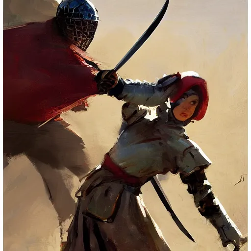 Prompt: portrait of woman wearing helmet and gambeson and chainmail fighting attacking with sword, aggressive stance, detailed by greg manchess, craig mullins, bernie fuchs, walter everett