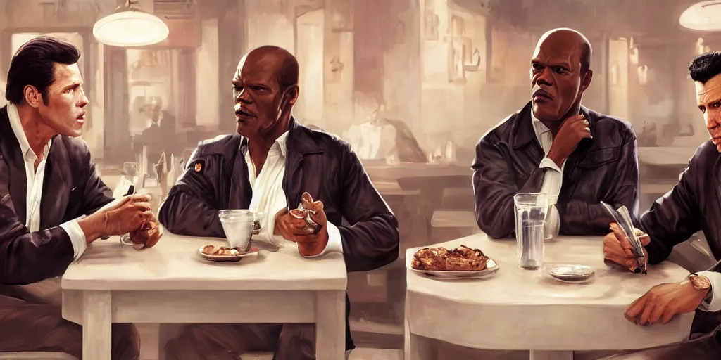 Prompt: painting pulp fiction movie highly detailed full - body samuel l jackson and john travolta posing in cafe, perfect symmetrical eyes, by eddie mendoza and tyler edlin, 8 k resolution, digital art, hyper realistic
