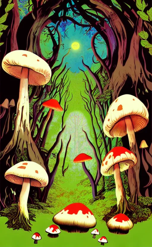 Image similar to psychedelic mushrooms in an enchanted forest with bunnies wide angle shot, white background, vector art, illustration by frank frazetta and salvador dali