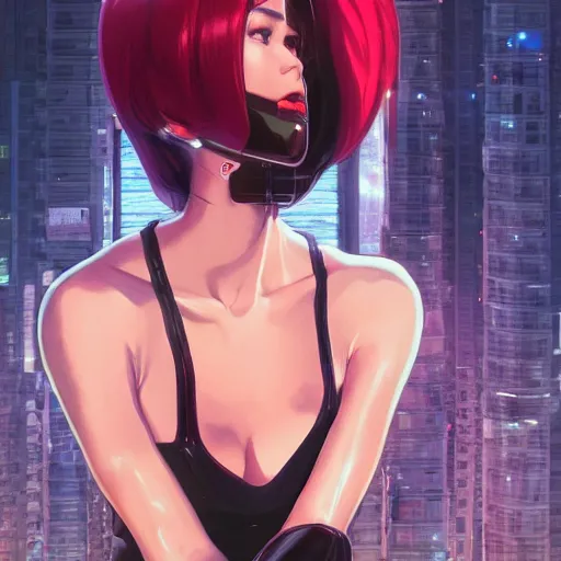 Image similar to A beautiful cyborg woman with big and cute eyes || VERY ANIME, fine-face, red and black robotic parts, realistic shaded perfect face, fine details. Anime. realistic shaded lighting poster by Ilya Kuvshinov katsuhiro otomo ghost-in-the-shell, magali villeneuve, artgerm, Jeremy Lipkin and Michael Garmash, Rob Rey and Kentarõ Miura style, trending on art station