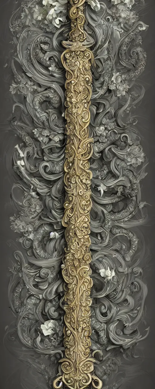 Image similar to beautiful fantasy giant sword carved with decorative ornament, acanthus scrolls, lilies, ivy, energy, geometry, bones, petals, stems, ceremonial clouds, dripping paint, fibonacci rhythm, artstation, artgerm, wlop, symmetric ornaments