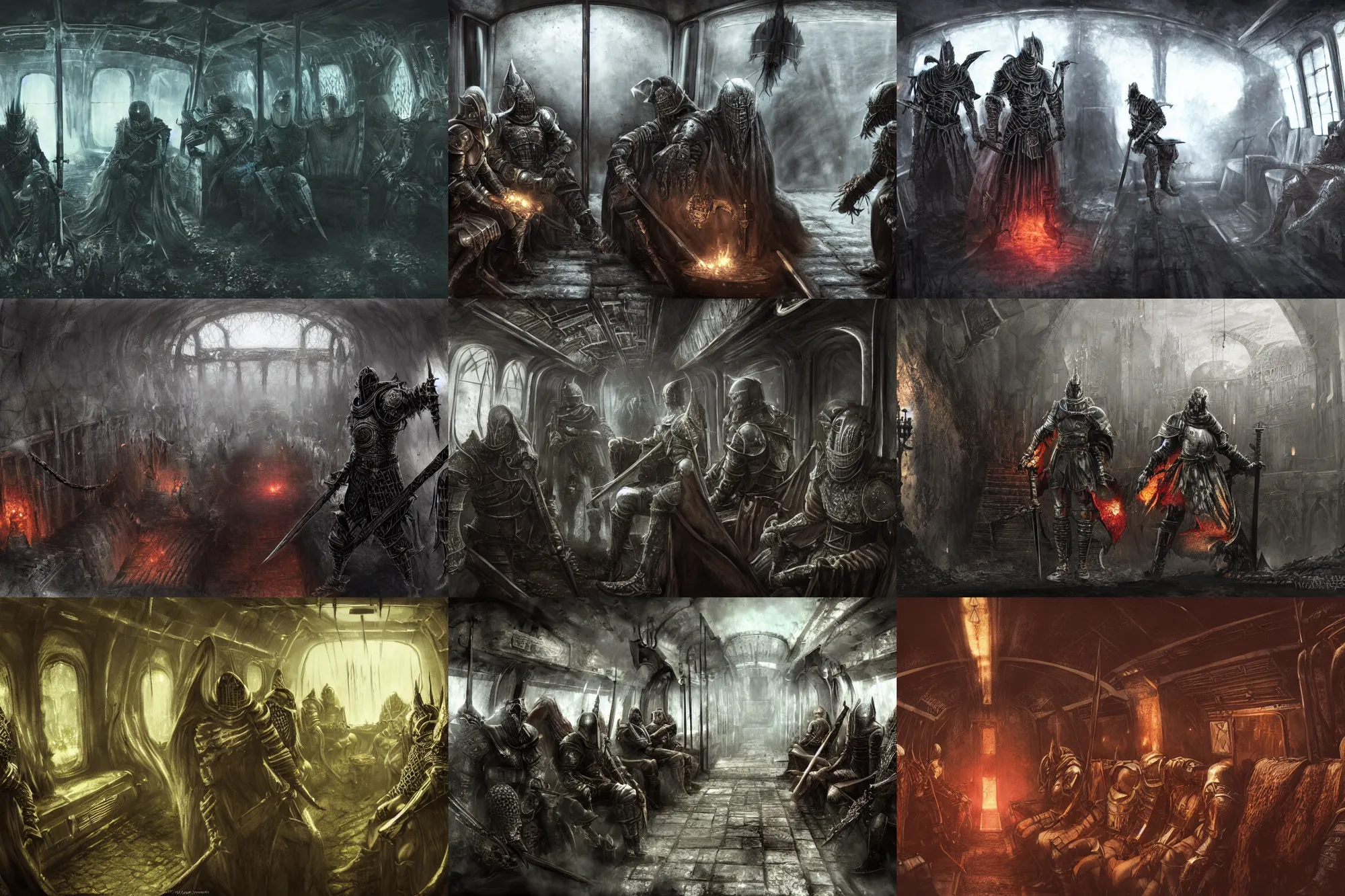 Prompt: dark souls various knights and ghouls sitting in the bus concept art artwork by masanori warugai, intricate detailed 4 k, soft light, volumetric fog, soft glow, eerie, dark, metro, inside of a metro train, urban fantasy