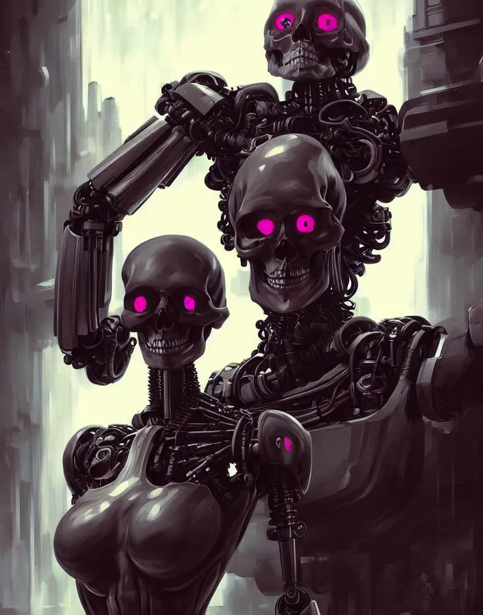 Image similar to skull - headed robot cyborg painting, illutstration, concept art, cyberpunk, futurism, comics art, artgerm, full body shot, wide angle