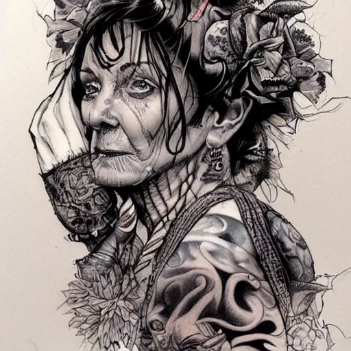 Image similar to a beautiful portrait of a heavily tattooed older woman Travis Charest style