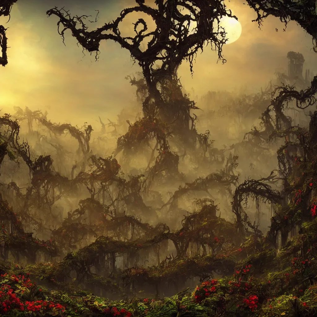 Image similar to An incredibly beautiful but ominous matte painting depicting a profusion of evil carnivorous vines and colorful flowers and lush exotic trees and bloated toadstools, with horrifying huge burning eyes and jagged bloody teeth, overgrowing a desolate ruins submerged in fog beneath the setting sun, nvidia, vray, evening, epic scale