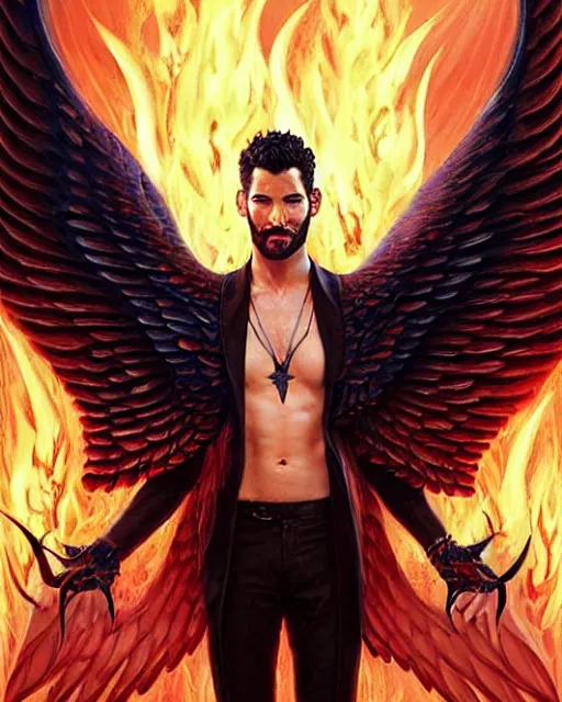 Image similar to tom ellis ( lucifer ) portrait with fire demon wings, fantasy, intricate devilish designs, elegant, highly detailed, sharp focus, art by artgerm and greg rutkowski and wlop