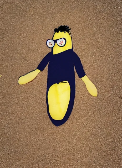 Image similar to jeff goldblum as a banana on the sand of a beach