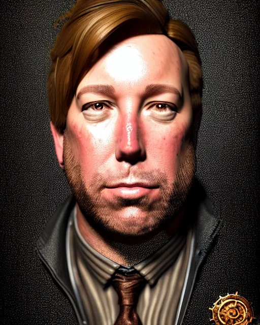 Image similar to steampunk portrait of infowars's alex jones, au naturel, hyper detailed, digital art, trending in artstation, cinematic lighting, studio quality, smooth render, unreal engine 5 rendered, octane rendered, art style by klimt and nixeu and ian sprigger and wlop and krenz cushart.