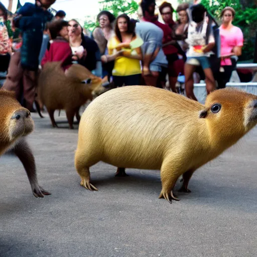 Prompt: Crowd gathers around a capybara doing Chicago footwork dancing, HD photograph, award-winning