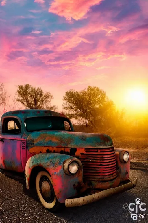 Image similar to a sunset light landscape with historical route 6 6, lots of sparkling details and sun ray ’ s, blinding backlight, smoke, volumetric lighting, colorful, octane, 3 5 mm, abandoned gas station, old rusty pickup - truck, beautiful epic colored reflections, very colorful heavenly, softlight