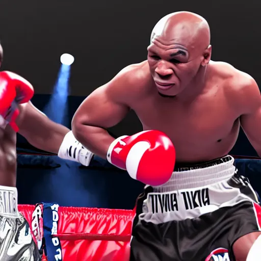 Prompt: dababy and mike tyson in a boxing ring 4 k quality super realistic