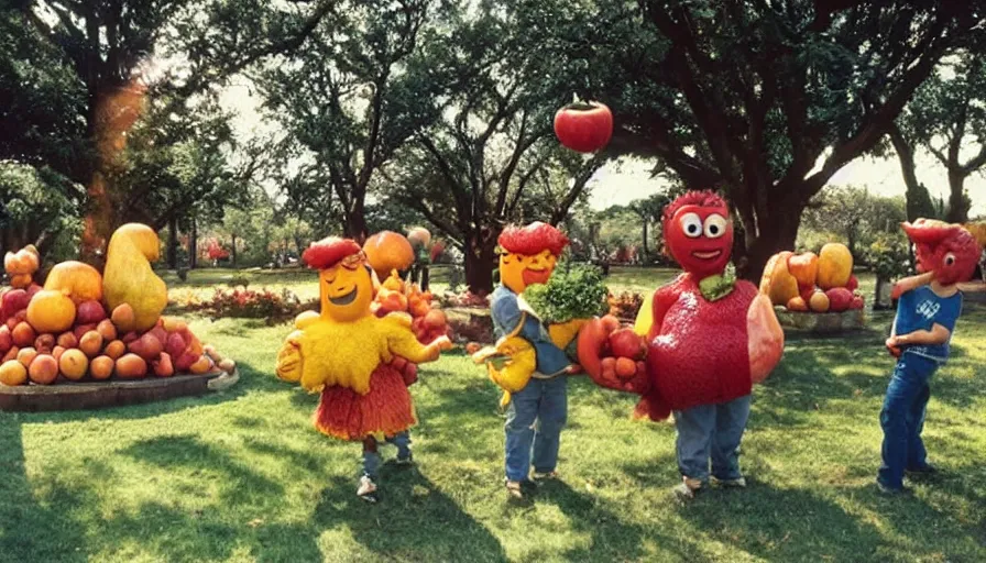 Image similar to 1990s candid photo of a beautiful day at the park, cinematic lighting, cinematic look, golden hour, large personified costumed fruit people in the background, Enormous fruit people mascots with friendly faces, kids talking to fruit people, UHD