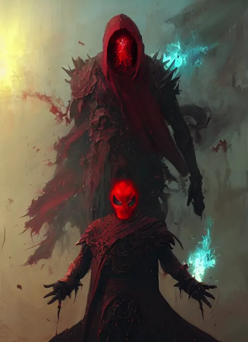 Image similar to male necromancer in a dark fantasy setting wearing a red mask, art by greg rutkowski, art by craig mullins, art by thomas kincade, art by Yoshitaka Amano