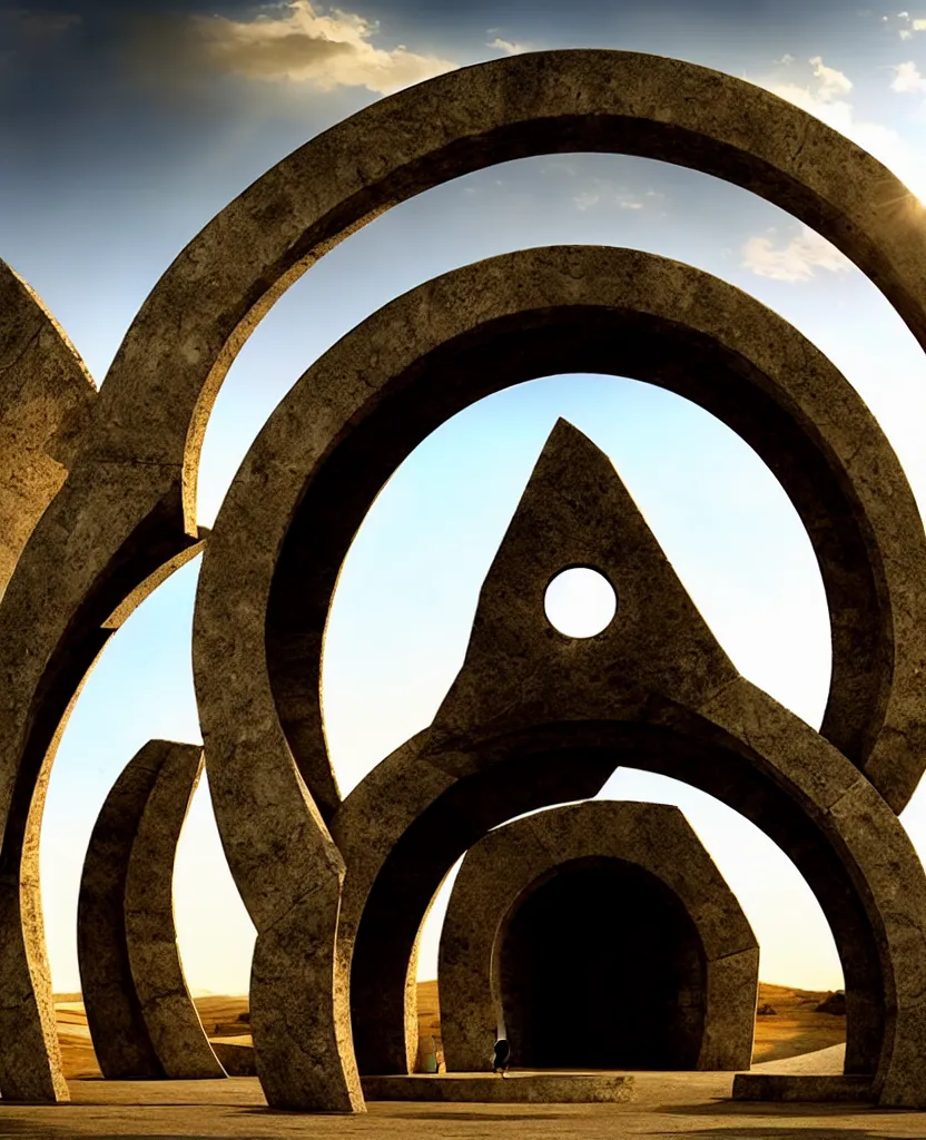 Image similar to stargate made of stone that form a circle, cinematic view, epic sky