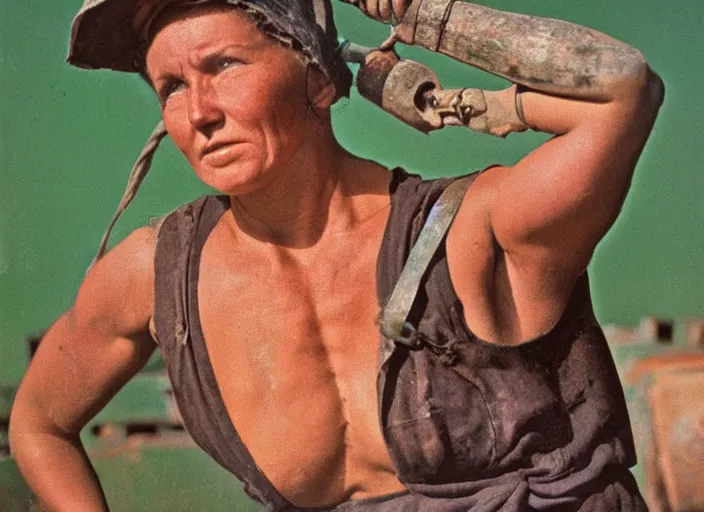 Image similar to A Very muscular miner woman, 90's professional color photograph.