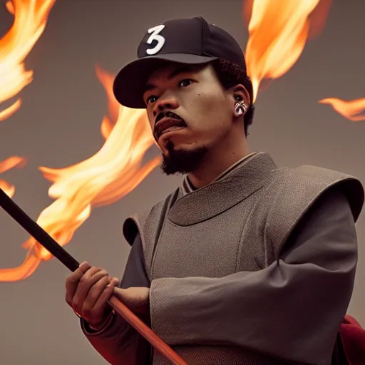 Image similar to cinematic film still of Chance The Rapper starring as a Samurai holding fire, Japanese CGI, VFX, 2022, 40mm lens, shallow depth of field, film photography