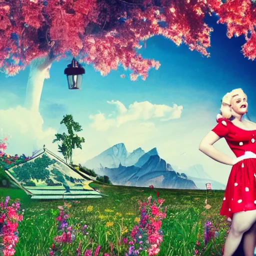 Image similar to giant alice in wonderland, pin up, houses, trees, mountains, woman, city, digital art, photo, blue dress, photoshop, flowers, collage, river, up