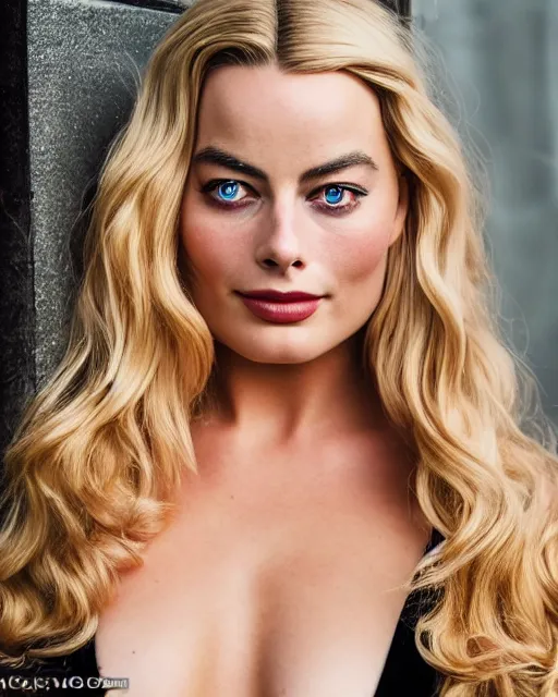 Image similar to A portrait of a margot robbie in a cosplay uniform, piercing eyes, highly detailed, bokeh, professional photograph, full body shot 4K, HD