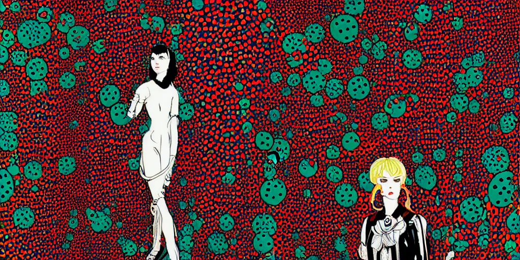 Image similar to cyberpunk girl, vintage style, wrapped in flowers and wired, in the style of yayoi kusama, by barry lyndon, ultra detailed, high resolution, cinematic