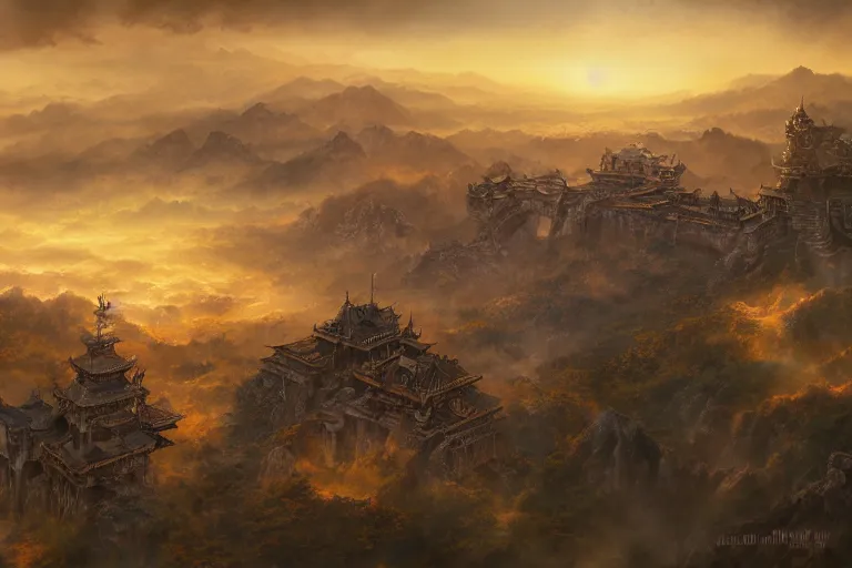 Image similar to cinematic fantasy painting, aerial view of an ancient land, sunset and ominous shadows over the kingdom, brutalist shiro himeji rivendell palace eden by jessica rossier and ( ( ( ( brian froud ) ) ) )