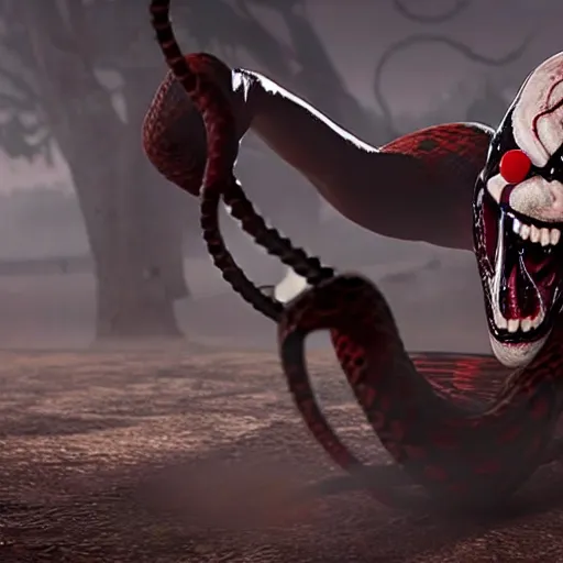 Image similar to snake shooting his venom at clown on the graveyard, ultra realistic, 1 0 8 0