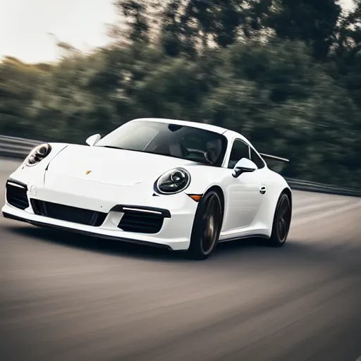 Prompt: “white 2018 porsche 911 racing down a highway, golden hour photograph, car photography, 4k professional photo”