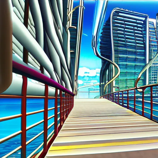 Image similar to oceanfront walkway, futuristic city, colorful city, curved railing, long railing, shining sea, cel - shading, 2 0 0 1 anime, cel - shaded, bright sunshine, jet set radio, mirror's edge, raytracing, toon - shading, strong shadows