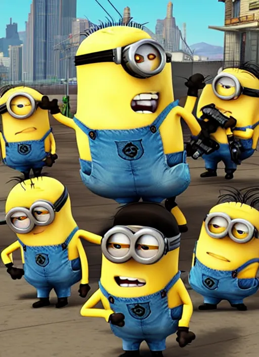 Image similar to grand theft auto 5 cover art of minions from despicable me