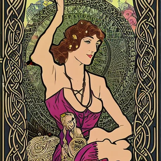 Image similar to lady with long curly hair with a cat beside her, with celtic spread tarot cards on a table in front of her, in a gypsy tent with Alphonse Mucha art nouveau poster style, with thin lines and pastel colors,