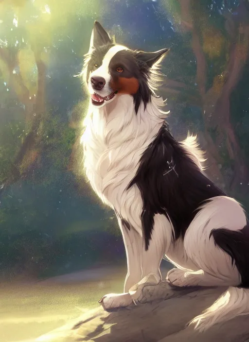 Prompt: wide angle beautiful full body portrait of a cute male anthropomorphic anthro border collie fursona wearing indigo robes in a park, character design by charlie bowater, henry asencio, and ross tran, disney, anime, scenic background, detailed, glamor pose, aesthetic, trending on artstation, furaffinity, deviantart