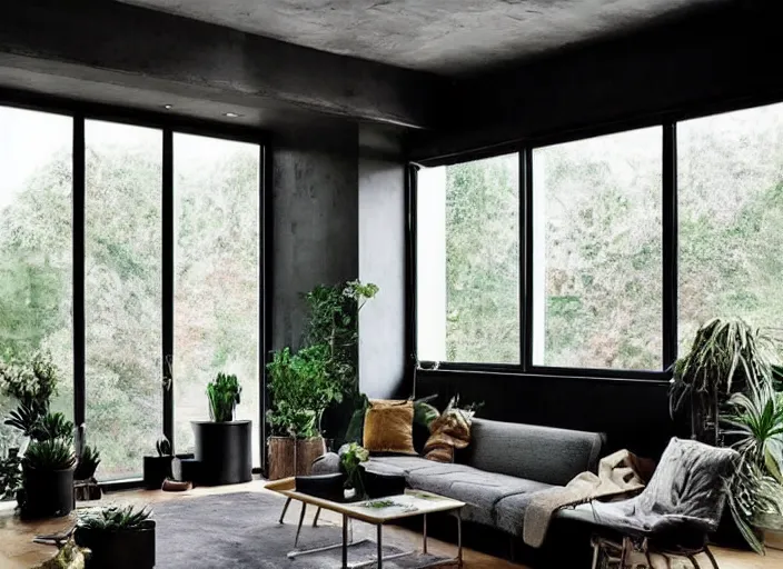 Image similar to interior design of a living room, inspired by brutalism, lots of plants, tiny windows
