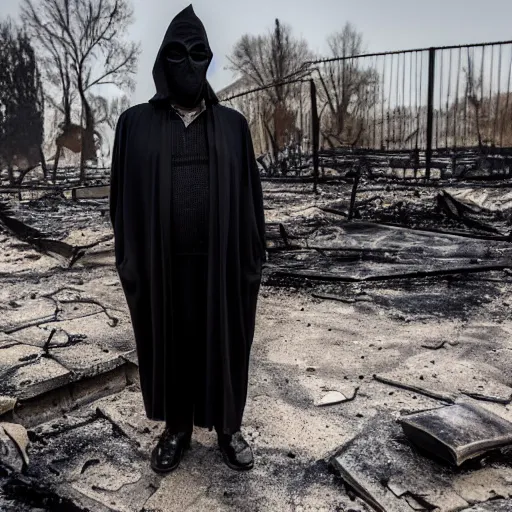Prompt: a man in a presidential mask and a black cloak stands on the ruins of a burnt house