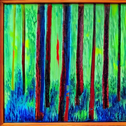 Image similar to paint of acrylic dripped forest with green, blue, red tree trunks. acrylic on canvas, postmodern, impressionist