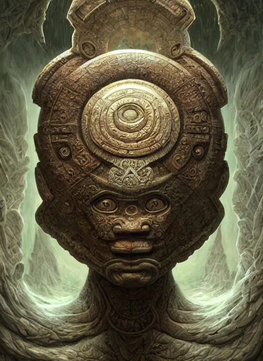 Image similar to Helmet of a forgotten Mayan Deity, ivory, moss, extremly detailed digital painting, in the style of Tomasz Alen Kopera and Fenghua Zhong and Peter Mohrbacher, mystical colors, rim light, beautiful lighting, 8k, stunning scene, raytracing, octane, trending on artstation