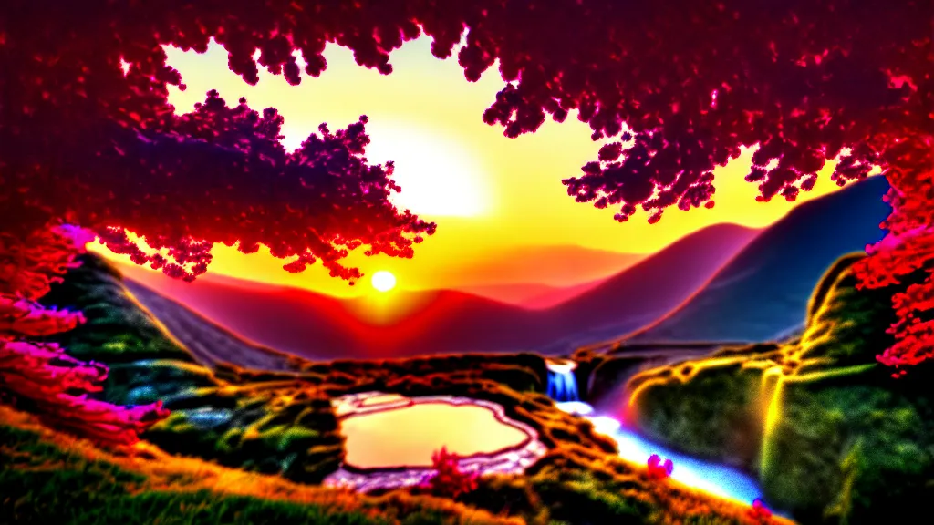 Image similar to featured on artstation cherry tree overlooking valley waterfall sunset beautiful image stylized digital art