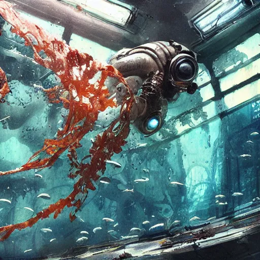 Image similar to woman diving in, an alien aquarium, kelp, coral, solar rays, cyberpunk, realistic, detailed, Industrial Scifi, paint, watercolor, in the style of Ashley Wood and Wadim Kashin