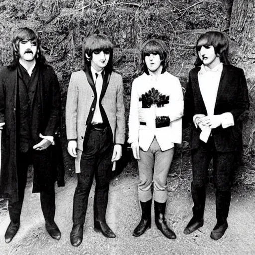 Prompt: The Beatles dressed as Hobbits, 1967 —W 1920