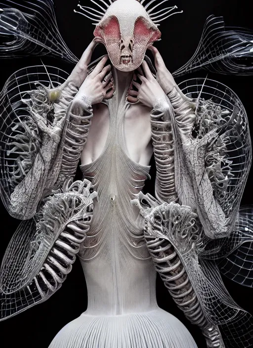 Prompt: walking down the catwalk, steven klein, show, stage, vogue photo, podium, fashion show photo, historical baroque dress, iris van herpen, beautiful woman, full body shot, masterpiece, alien, plant predator, guyver, jellyfish, white biomechanical details, highly detailed