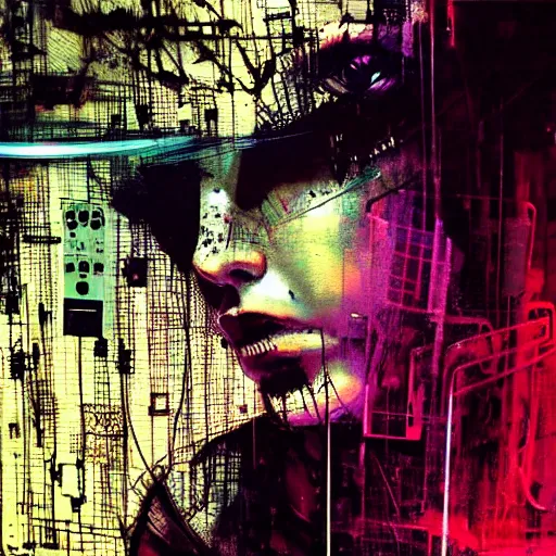 Image similar to a young punk woman lost in a cyberpunk noir glitchcore world of wires, and machines, by jeremy mann, francis bacon and agnes cecile, and dave mckean ink drips, paint smears, digital glitches glitchart