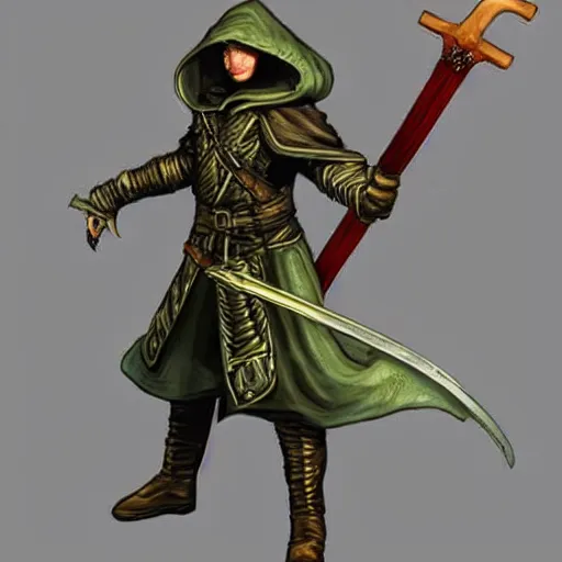 Image similar to a rogue from d&d, hooded, uplit, highly detailed, armed with two swords