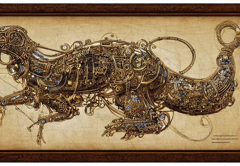 Image similar to schematic blueprint of highly detailed ornate filigreed convoluted ornamented elaborate cybernetic rat, wide wooden frame with gold leaf, art by da vinci