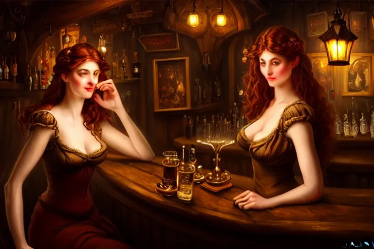 Image similar to a beautiful barmaid, dimly lit cozy tavern, relaxed pose, fantasy, intricate, elegant, dramatic lighting, emotionally evoking symbolic metaphor, highly detailed, lifelike, photorealistic, digital painting, artstation, concept art, smooth, sharp focus, illustration, art by John Collier and Albert Aublet and Krenz Cushart and Artem Demura and Alphonse Mucha, masterpiece