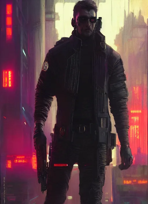 Prompt: Vernon Roche. Cyberpunk assassin in tactical gear. blade runner 2049 concept painting. Epic painting by Craig Mullins and Alphonso Mucha. ArtstationHQ. painting with Vivid color. (rb6s, Cyberpunk 2077, matrix)