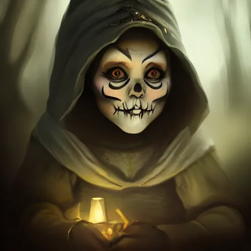 Image similar to portrait of a young female gnome, skull facepaint, dark robes, moonlight, D&D, sharp focus, concept art, realistic, cinematic lighting, fantasy digital painting