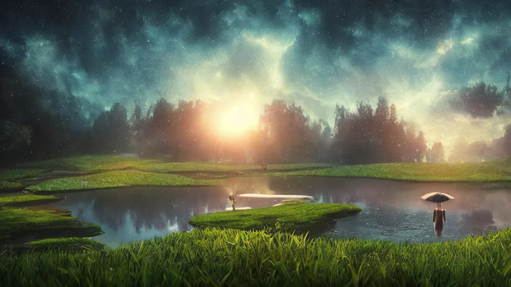 Prompt: an epic cg matte painting, an expansive view of, grassland, waterlily pond, snowfall, starry sky, dreams, morning, high - definition picture, light effect, super realistic painting style, rendered in cinema 4 d, anna dittmann, artstation