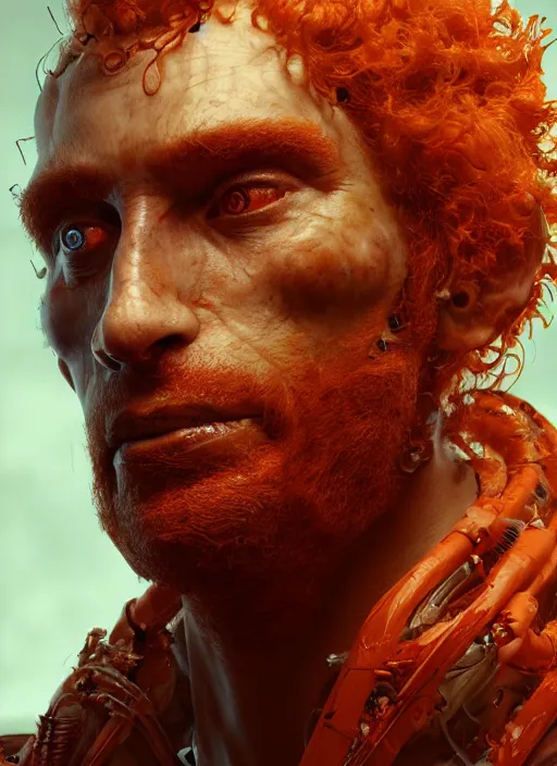 Image similar to biopunk portrait of curly orange hair man from doom 3, au naturel, hyper detailed, digital art, trending in artstation, cinematic lighting, studio quality, smooth render, unreal engine 5 rendered, octane rendered, art style by klimt and nixeu and ian sprigger and wlop and krenz cushart.