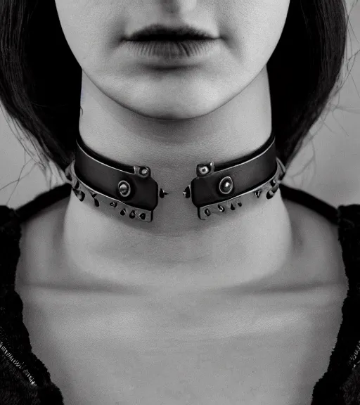 Image similar to detailed realistic female character cyberpunk wearing thick steel collar around neck, realistic, art, beautiful, 4K, collar, choker, collar around neck, punk, artstation, detailed, female, woman, choker, cyberpunk, neon, punk, collar, choker, collar around neck, thick collar, tight around neck, punk, headshot, detailed,