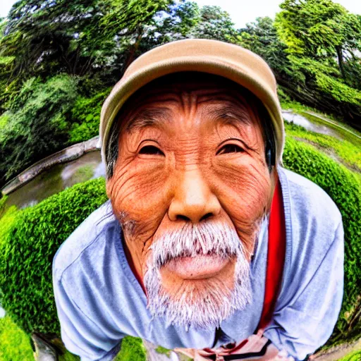 Image similar to Fisheye selfie of an old japanese man with long beard