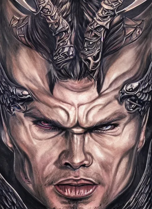 Image similar to front portrait of attractive Sam Winchester as a muscular warrior holding crossed swords metalic wings wide open, teared apart T-Shirt whole body tattooed with runes and satanic symbols, D&D!, fantasy style, sharp focus!, ultra detailed, art by Artgerm and Peter Andrew Jones, WLUP