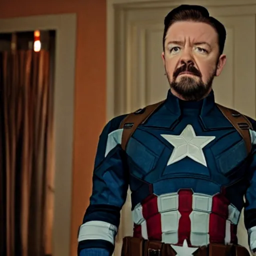 Image similar to a film still of ricky gervais as captain america